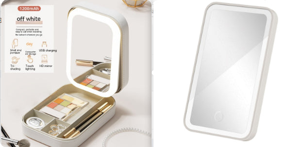 Makeup Storage Box With LED Light Mirror Portable Organizer